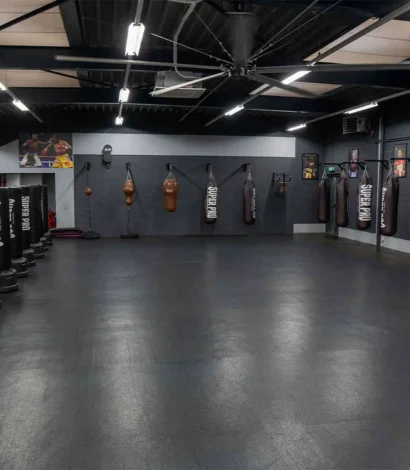 Rij bokszakken in de trainingsruimte van BOKS Leiden